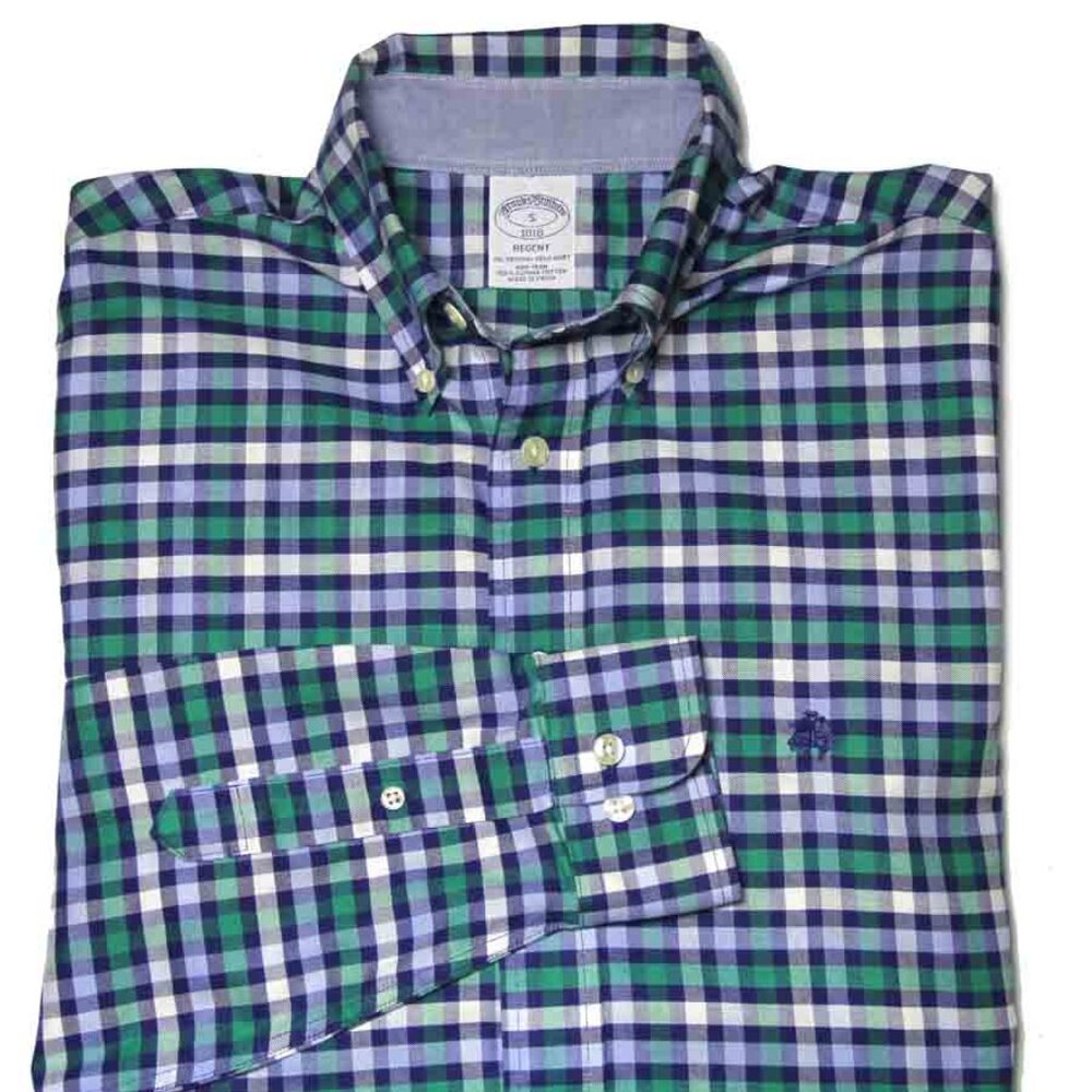 Brooks Brothers Supima Cotton Shirt Blue Green White REGENT Men's Size Small